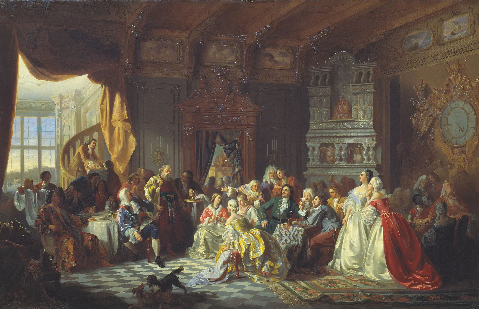 The assembly: a European form of gathering that within a generation became Russian daily life. Stanisław Chlebowski, “An Assembly under Peter I” (1858, Russian Museum).