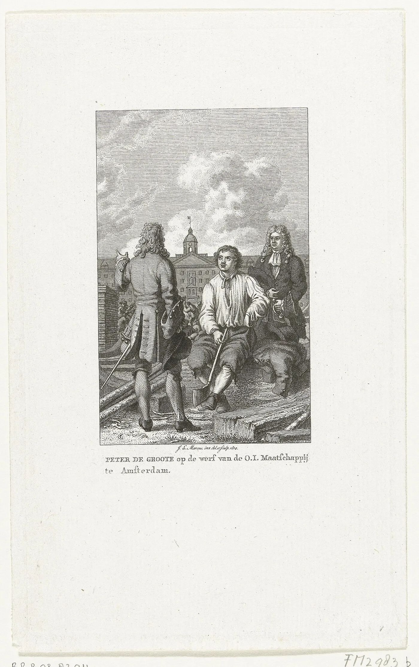 Peter I working at the wharf of the East India Company in Amsterdam, 1697 (engraving, Rijksmuseum): the fleet was built on Dutch knowledge and by the hands of imported masters.