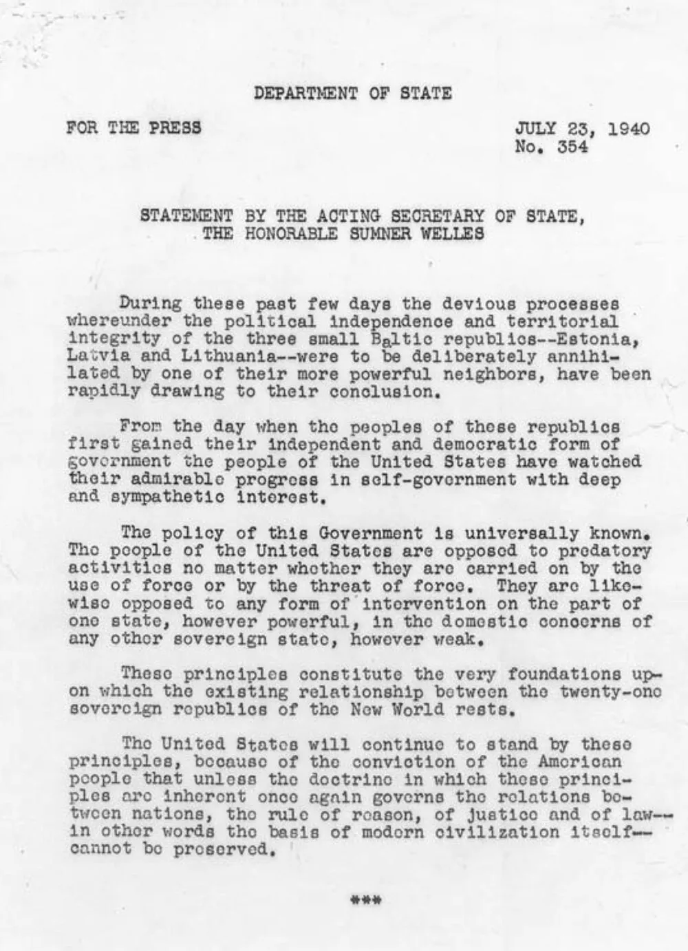The Welles Declaration, July 1940: half a century of legal non-recognition — and working relations over the top of it (U.S. State Department document, 1940).
